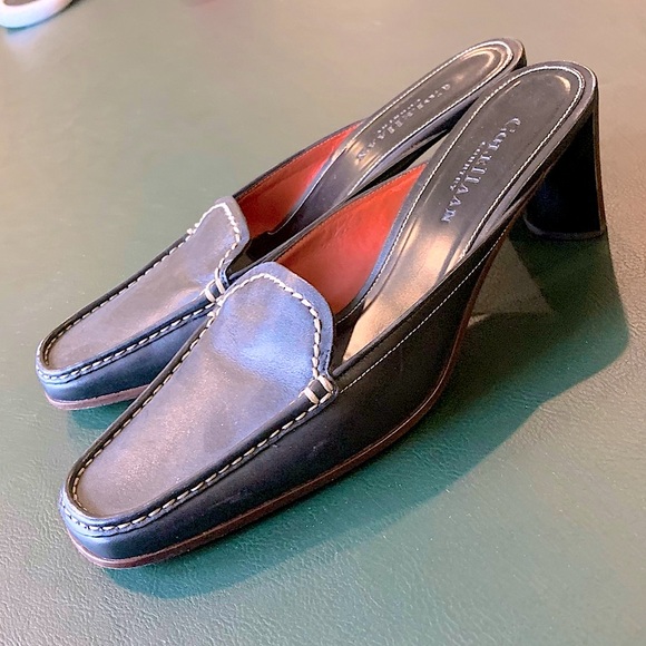 Cole Haan Square Toe Black Leather Loafer Mules w Wooden Stacked Low Heel Size 8 - Picture 5 of 16